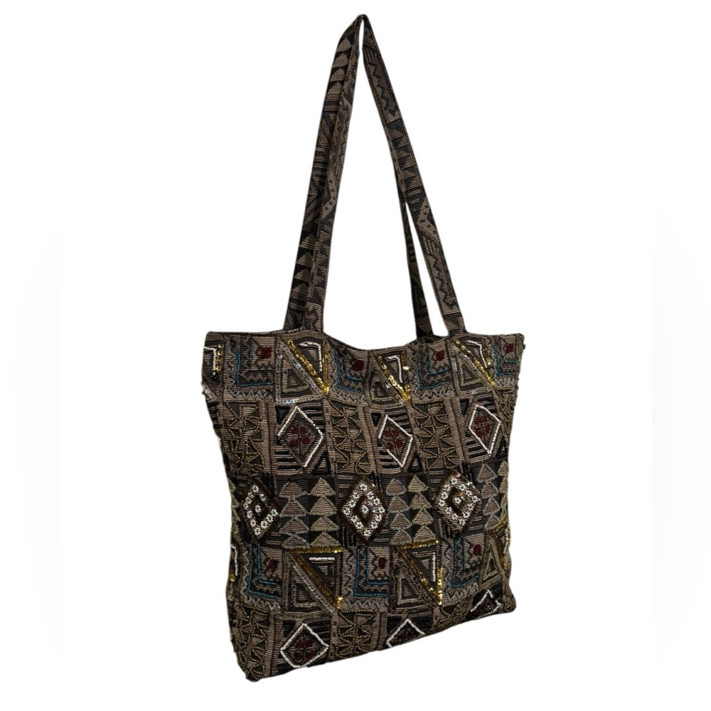 Embroidered Geometric‎ Pattern Tote Bag - Black and Brown